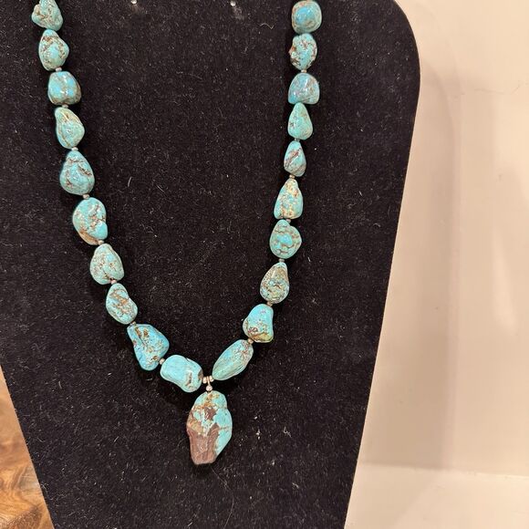Vtg Native American Turquoise Boulder Nugget Necklace Sterling Silver W Heshi - Picture 7 of 10